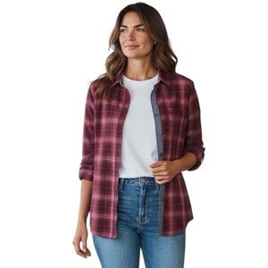 ARIAT burgundy & pink plaid flannel button front & button back shirt size Medium